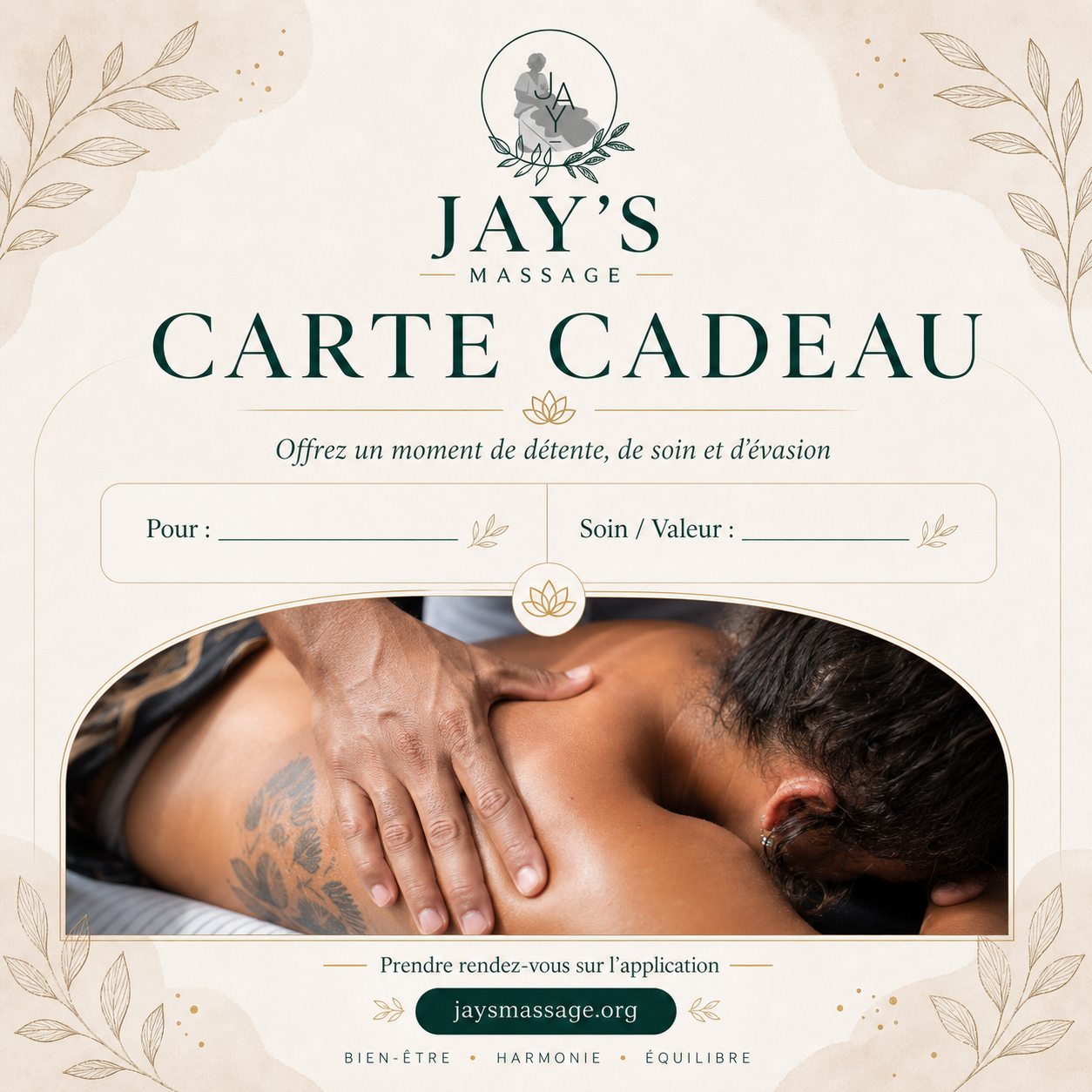 Exemple de carte cadeau Jay's Massage